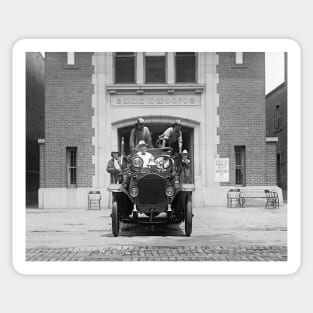Fire Engine Crew at Firehouse, 1925. Vintage Photo Sticker